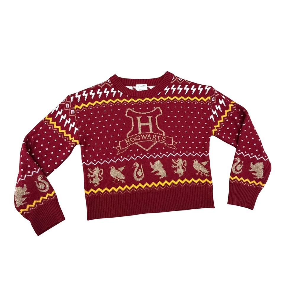 Harry Potter Hogwarts Holiday Sweater Kids Medium 7/8 Burgundy Gold Fair Isle